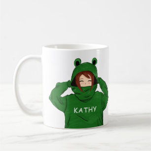 Niedliches Mädchen mit grünem Frosch Hoodie Zeichn Kaffeetasse