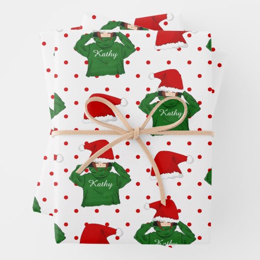 Niedliches Mädchen mit Grünen Weihnachtsmannmütze  Geschenkpapier Set (Beispiel)