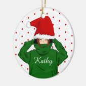 Niedliches Mädchen mit Grünen Weihnachtsmannmütze Keramik Ornament (Links)