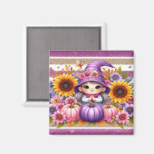 Niedliches Mädchen mit Hut mit bunten Blume, Pumpk Magnet (Vorderseite/Rückseite)