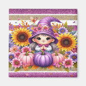 Niedliches Mädchen mit Hut mit bunten Blume, Pumpk Magnet (Vorne)