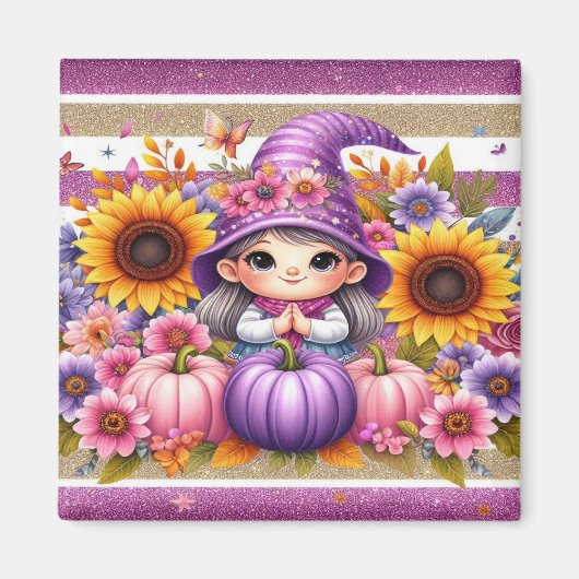 Niedliches Mädchen mit Hut mit bunten Blume, Pumpk Magnet (Vorne)