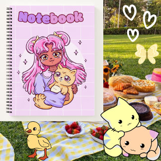 Niedliches Mädchen mit Katze 🌸 😺 🥨 ✨ Notizblock