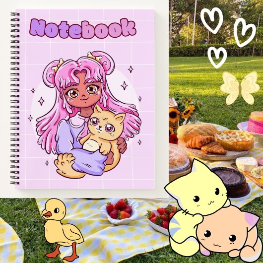 Niedliches Mädchen mit Katze 🌸 😺 🥨 ✨ Notizblock