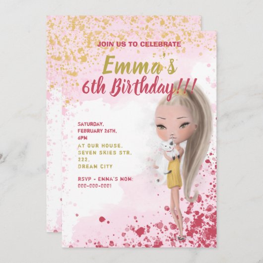 Niedliches Mädchen mit Katzenaquarine Ankündigung (Vorne/Hinten)