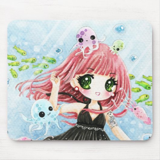 Niedliches Mädchen mit kawaii Krake und Fischen Mousepad (Vorne)