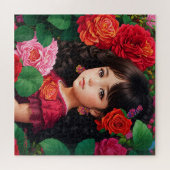 Niedliches Mädchen mit rosa Rosa-Blume Puzzle (Horizontal)
