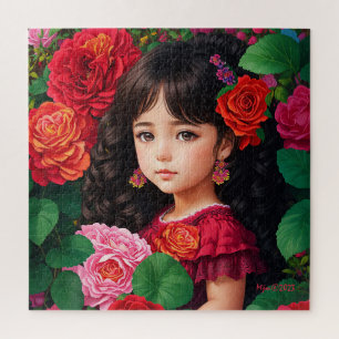 Niedliches Mädchen mit rosa Rosa-Blume Puzzle