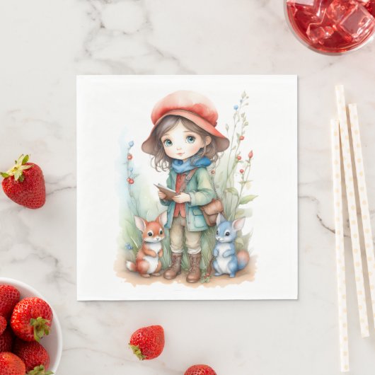 Niedliches Mädchen mit Tierfreunden in Woods Serviette (Beispiel)