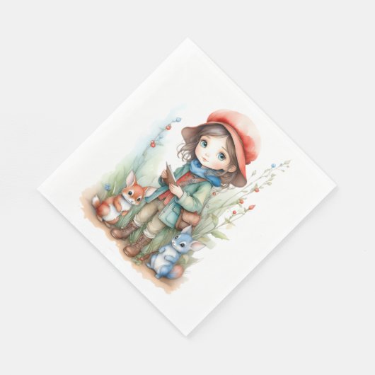 Niedliches Mädchen mit Tierfreunden in Woods Serviette (Ecke)