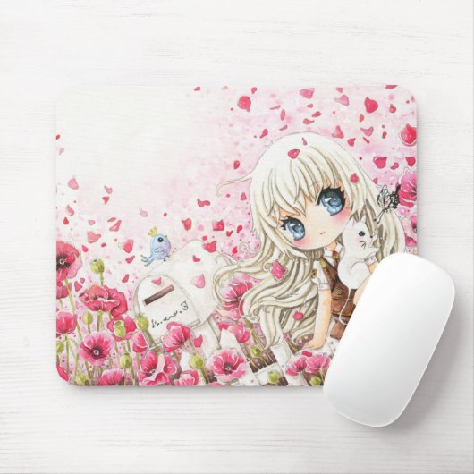 Niedliches Mädchen mit weißer Katze auf rosa Mousepad (Mit Mouse)