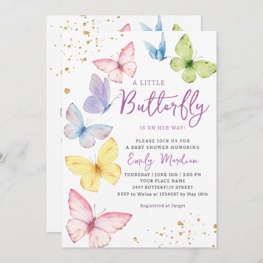 Niedliches Mädchen rosa kleine Schmetterlingsdusch Einladung (Vorne/Hinten)