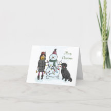Niedliches Mädchen, Snowman & Hund Weihnachtskarte