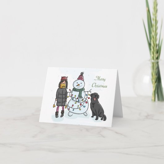 Niedliches Mädchen, Snowman & Hund Weihnachtskarte Feiertagskarte (Vorderseite)