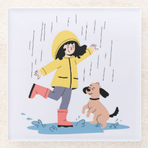 Niedliches Mädchen und Hund tanzen in der Regenill Glasuntersetzer