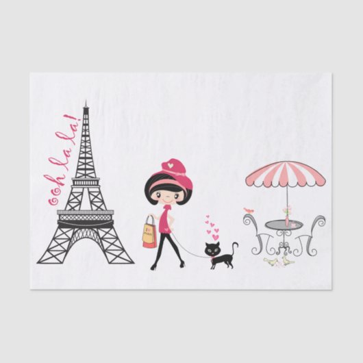 Niedliches Mädchen und Katze Eiffelturm Paris Seidenpapier (Vorderseite)