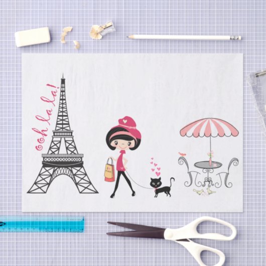 Niedliches Mädchen und Katze Eiffelturm Paris Seidenpapier (Handwerk)