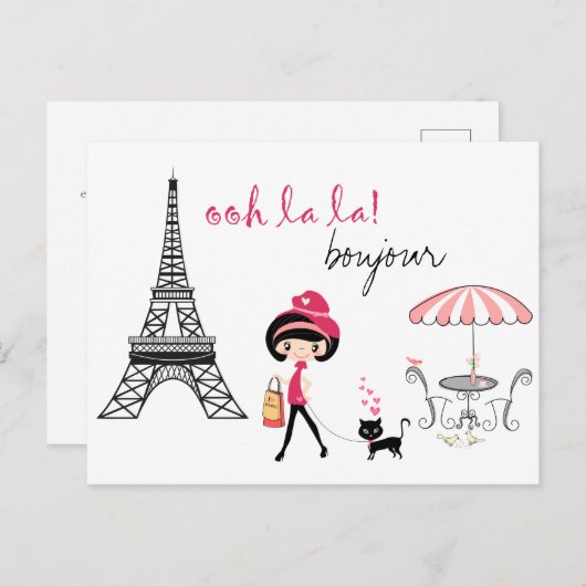 Niedliches Mädchen und Katze im Pariser Eiffelturm Postkarte (Vorne/Hinten)
