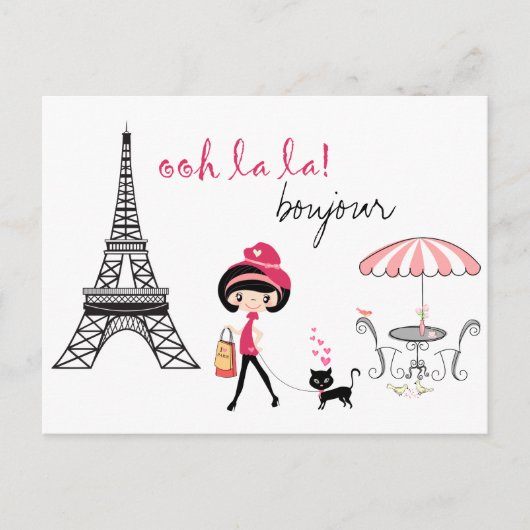Niedliches Mädchen und Katze im Pariser Eiffelturm Postkarte (Vorderseite)
