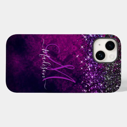 Niedliches Magenta Glitzer Monogramm Case-Mate iPhone Hülle (Rückseite (Horizontal))