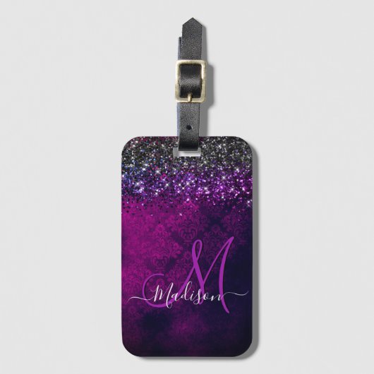 Niedliches Magenta Glitzer Monogramm Gepäckanhänger (Vorderseite Vertikal)