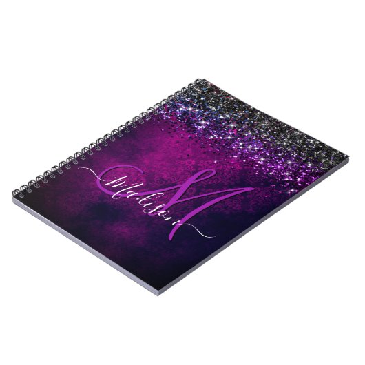 Niedliches Magenta Glitzer Monogramm Notizblock (Linke Seite)