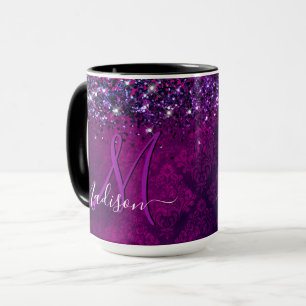 Niedliches Magenta Glitzer Monogramm Tasse