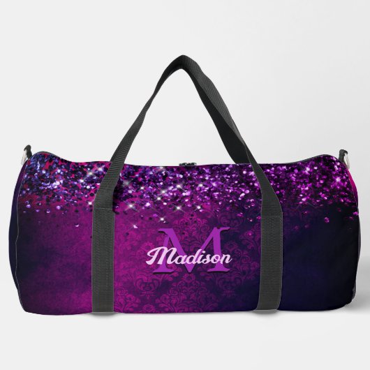 Niedliches Magenta-Schwarz-Imitat-Glitzer-Monogram Duffle Bag (Vorderseite)