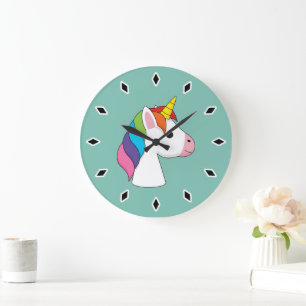 Niedliches magisches Einhorn mit farbenfroher Haar Große Wanduhr