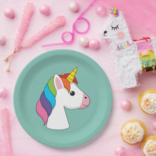Niedliches magisches Einhorn mit farbenfroher Haar Pappteller