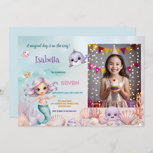 niedliches magisches Foto von Meerjungfrau Geburts Einladung (Vorne/Hinten)