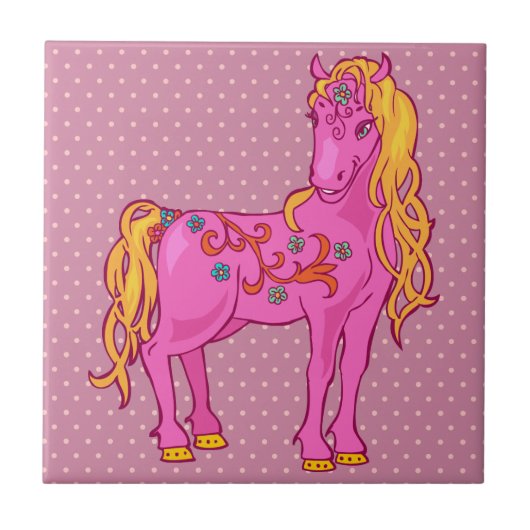 Niedliches Magisches Pferd mit Regenbogen-Blume Fliese (Vorderseite)