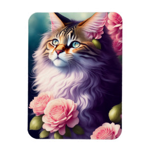 Niedliches Maine Coon Cat Face & Blume Magnet