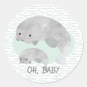 Niedliches Mama & Baby Manatee mit Waves Baby Dusc Runder Aufkleber