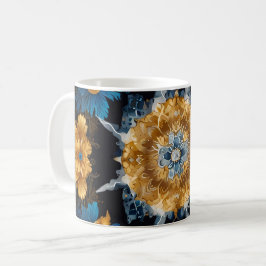 Niedliches Mandala Design auf schwarz mit Gold und Kaffeetasse