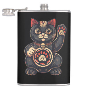 niedliches Maneki Neko Katzenaufdruck auf Japanisc Flachmann