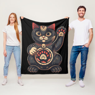 niedliches Maneki Neko Katzenaufdruck auf Japanisc Fleecedecke