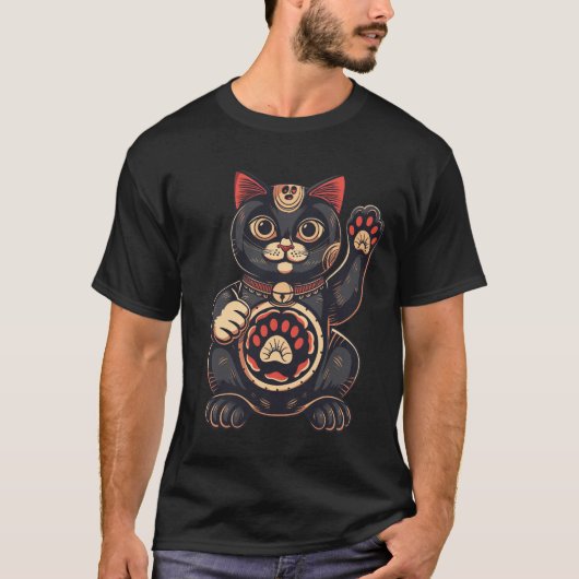 niedliches Maneki Neko Katzenaufdruck auf Japanisc T-Shirt (Vorderseite)