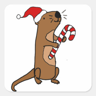 Niedliches Meer Otter in der Weihnachtsmannmütze W Quadratischer Aufkleber