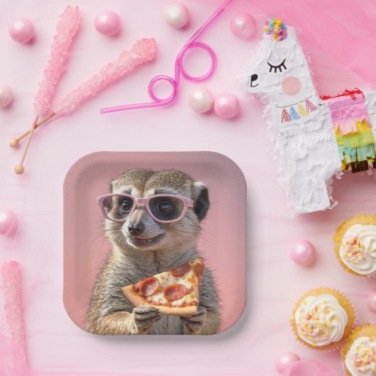 Niedliches Meerkat mit Brille und Pizza Pappteller (Party)