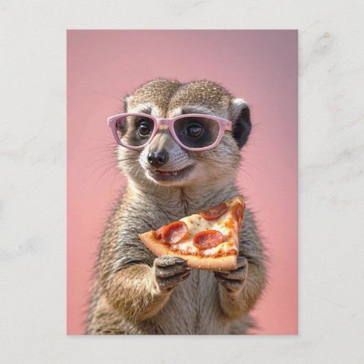 Niedliches Meerkat mit Brille und Pizza Postkarte (Vorderseite)