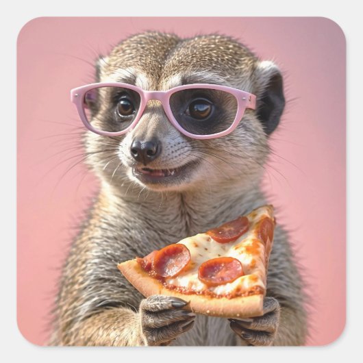 Niedliches Meerkat mit Brille und Pizza Quadratischer Aufkleber (Vorderseite)
