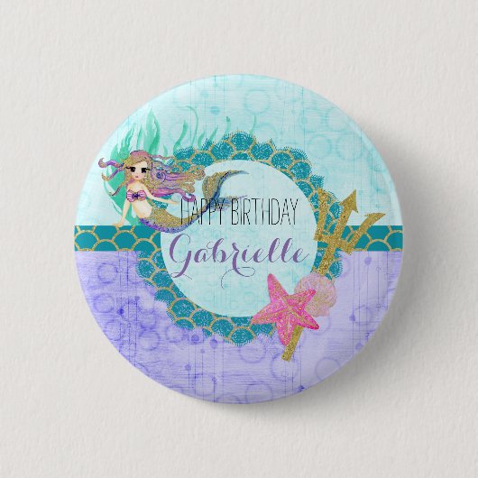 Niedliches Mermaid Aquamarin & Lila Monogram Happy Button (Vorderseite)