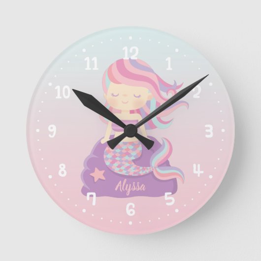 Niedliches Mermaid Girl Ombre Kinderzimmer Decke U Runde Wanduhr (Vorderseite)