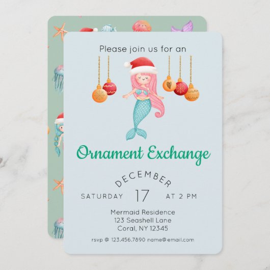 Niedliches Mermaid Weihnachtsgeschmuck Exchange-Pa Einladung (Vorne/Hinten)