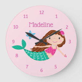Niedliches Mermaid Whimsical Pink Personalisiert Große Wanduhr