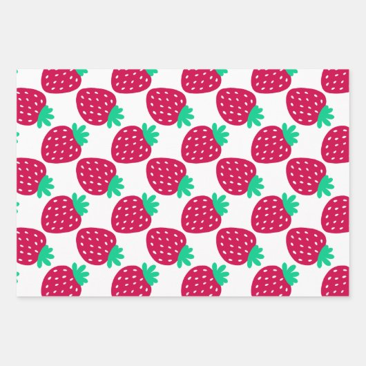 Niedliches Minimal Erdbeermuster in Rot und Grün Geschenkpapier Set (Vorderseite)