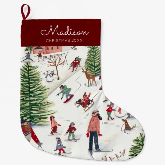 Niedliches Minimalistisches Nordic Winter Village  Großer Weihnachtsstrumpf (Vorderseite)