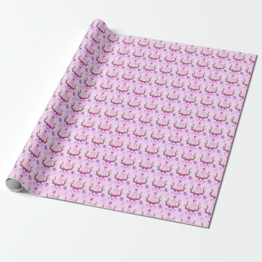Niedliches Mix aus Rosa Girly Reindeer Geschenkpapier (Ungerollt)