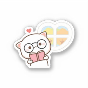Niedliches Mochi Peach Cat Reading Book Aufkleber